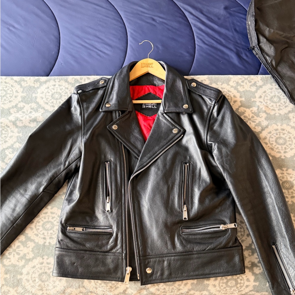 Black Leather Moto Jacket with Red Lining